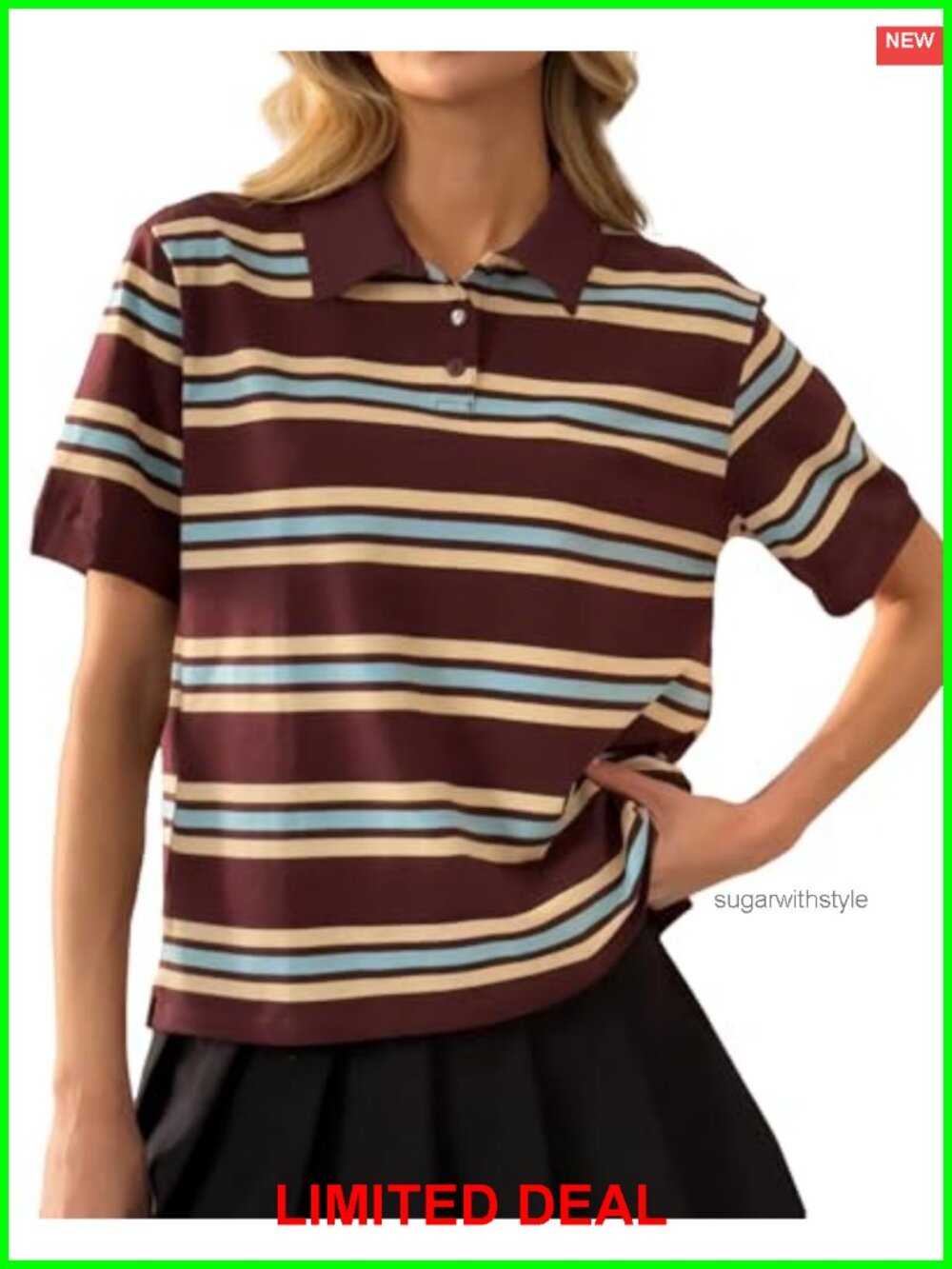 Women Striped Button Up Polo Shirt Short Sleeve Loose Fit Preppy Tee